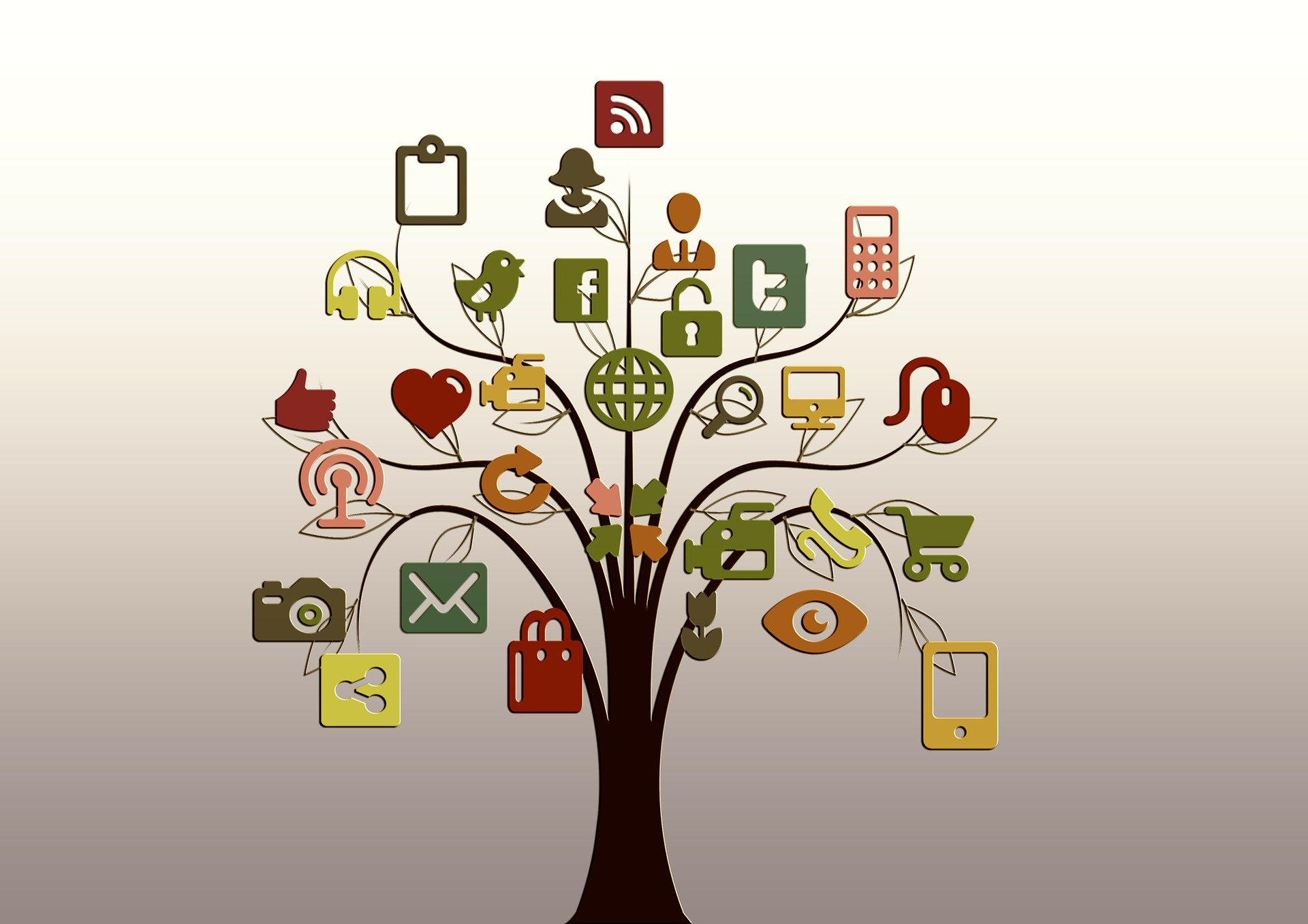 Illustration of a tree bearing website and social media icons.