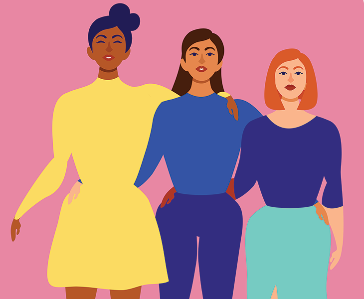Illustration of three women with their arms around one another.