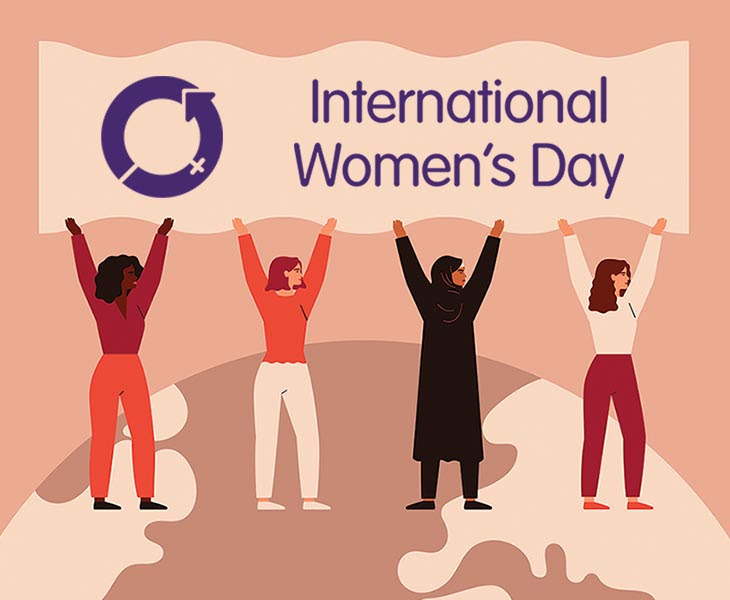 Illustration of four women holding up a banner saying 'International Women's Day illustration.'
