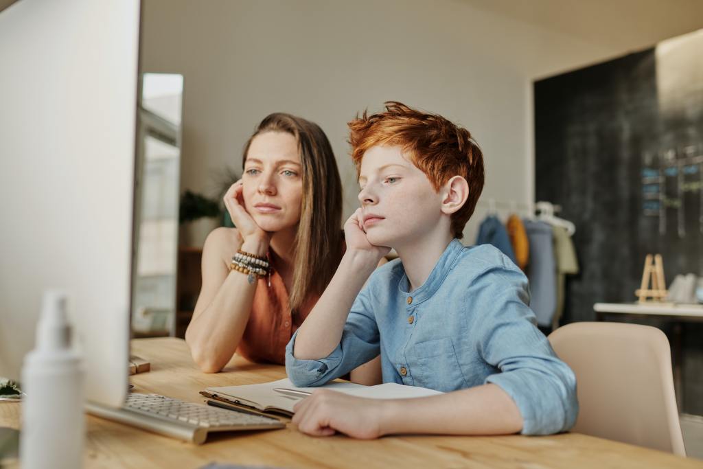 Woman and young boy using a computer.