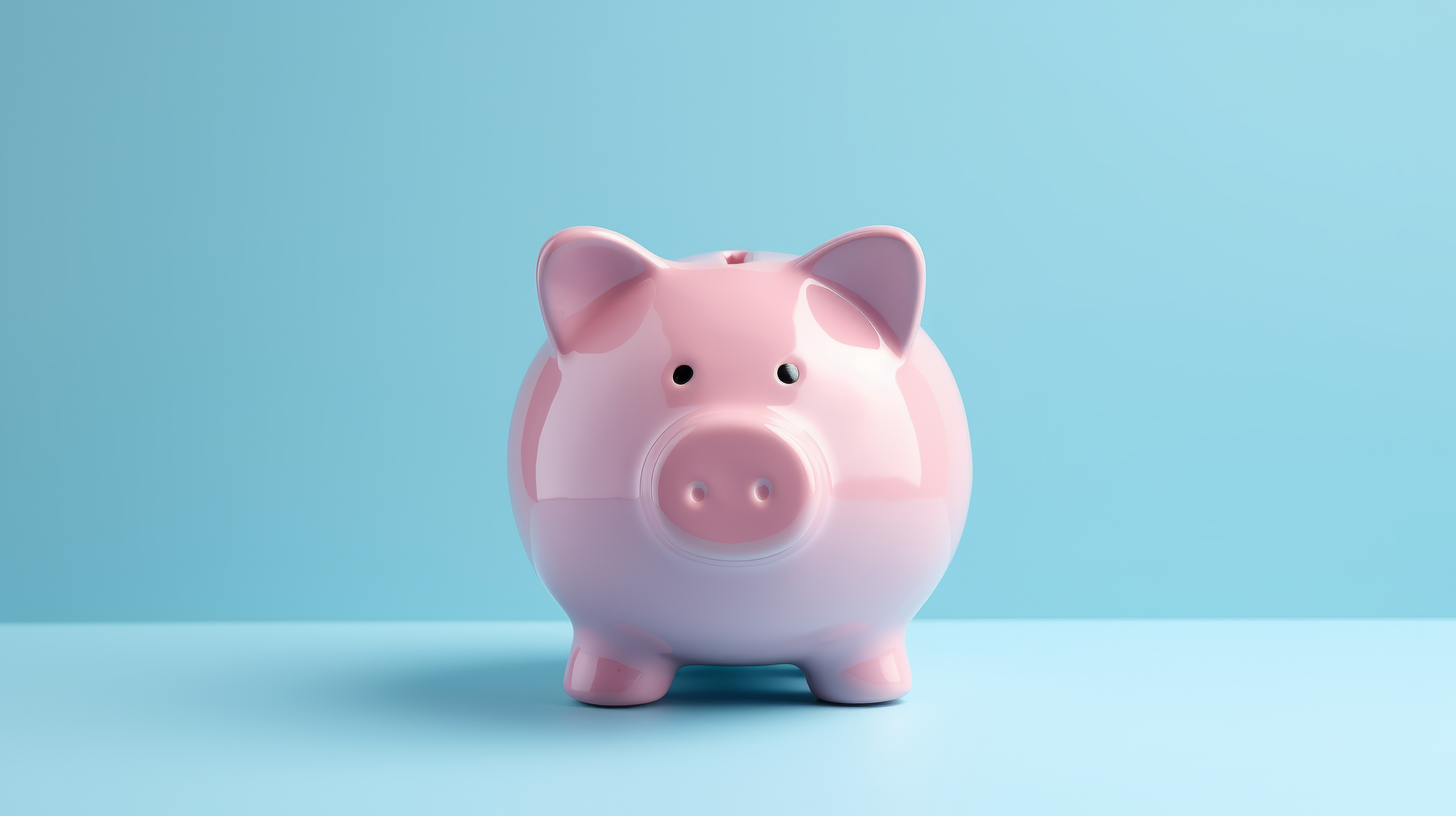 Pink pig piggy bank isolated on blue background.