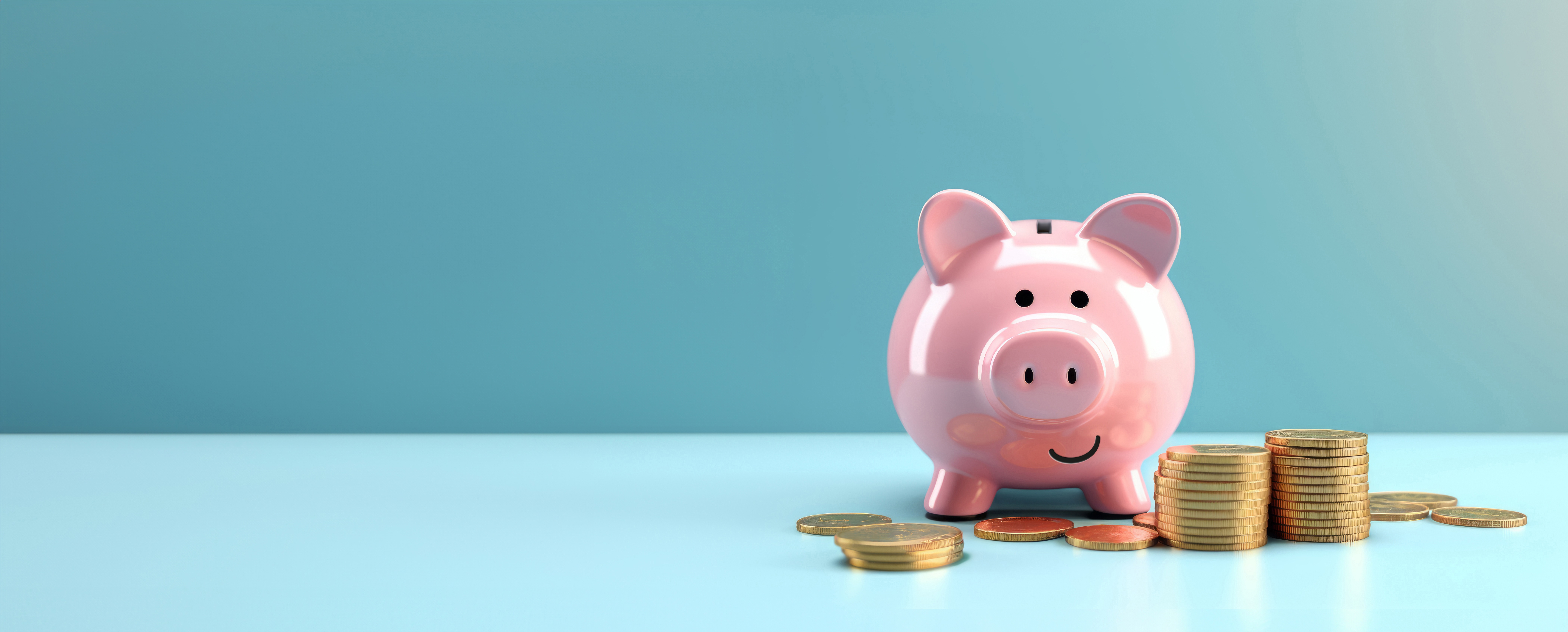 Smiling pink pig piggy bank next to a stack of gold coins, isolated on blue background. Investment success, savings concept.