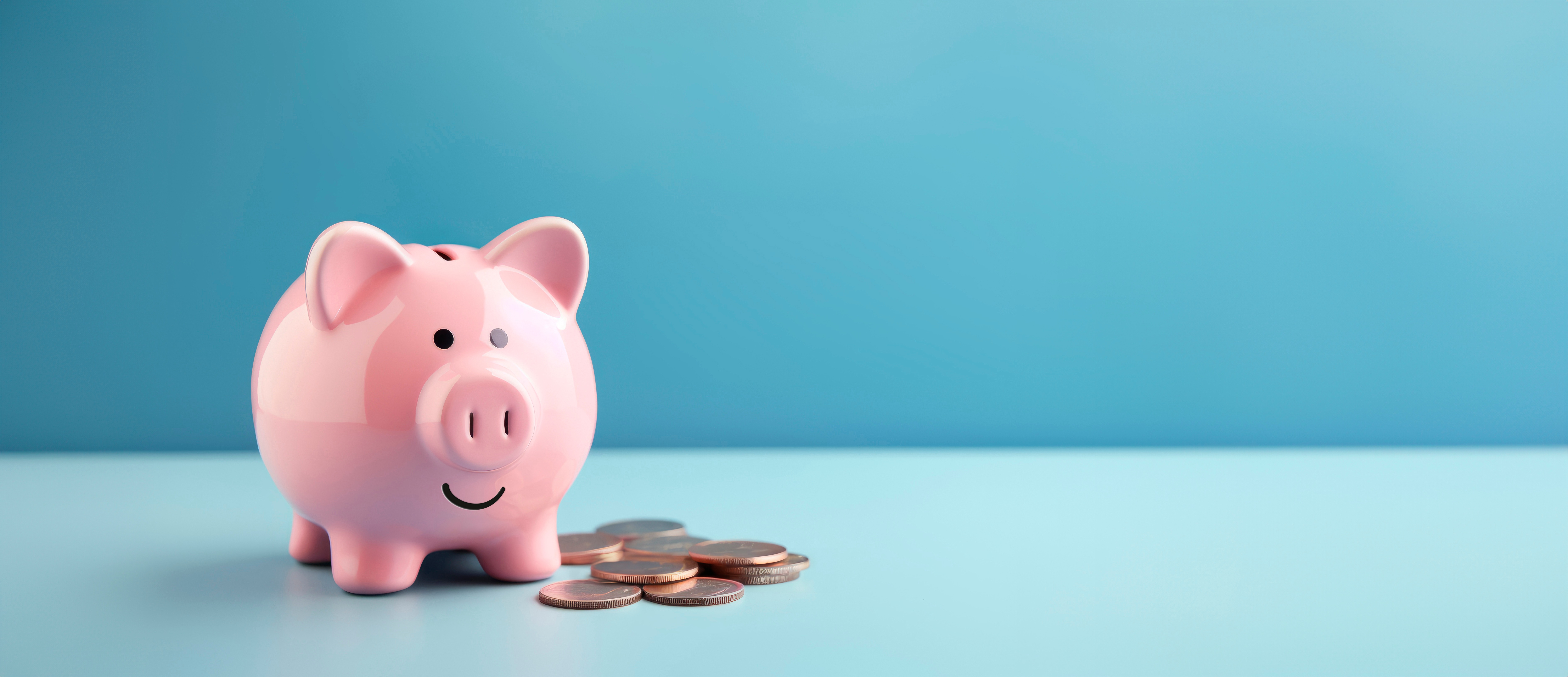Smiling pink pig piggy bank next to a stack of gold coins, isolated on blue background. Investment success, savings concept.