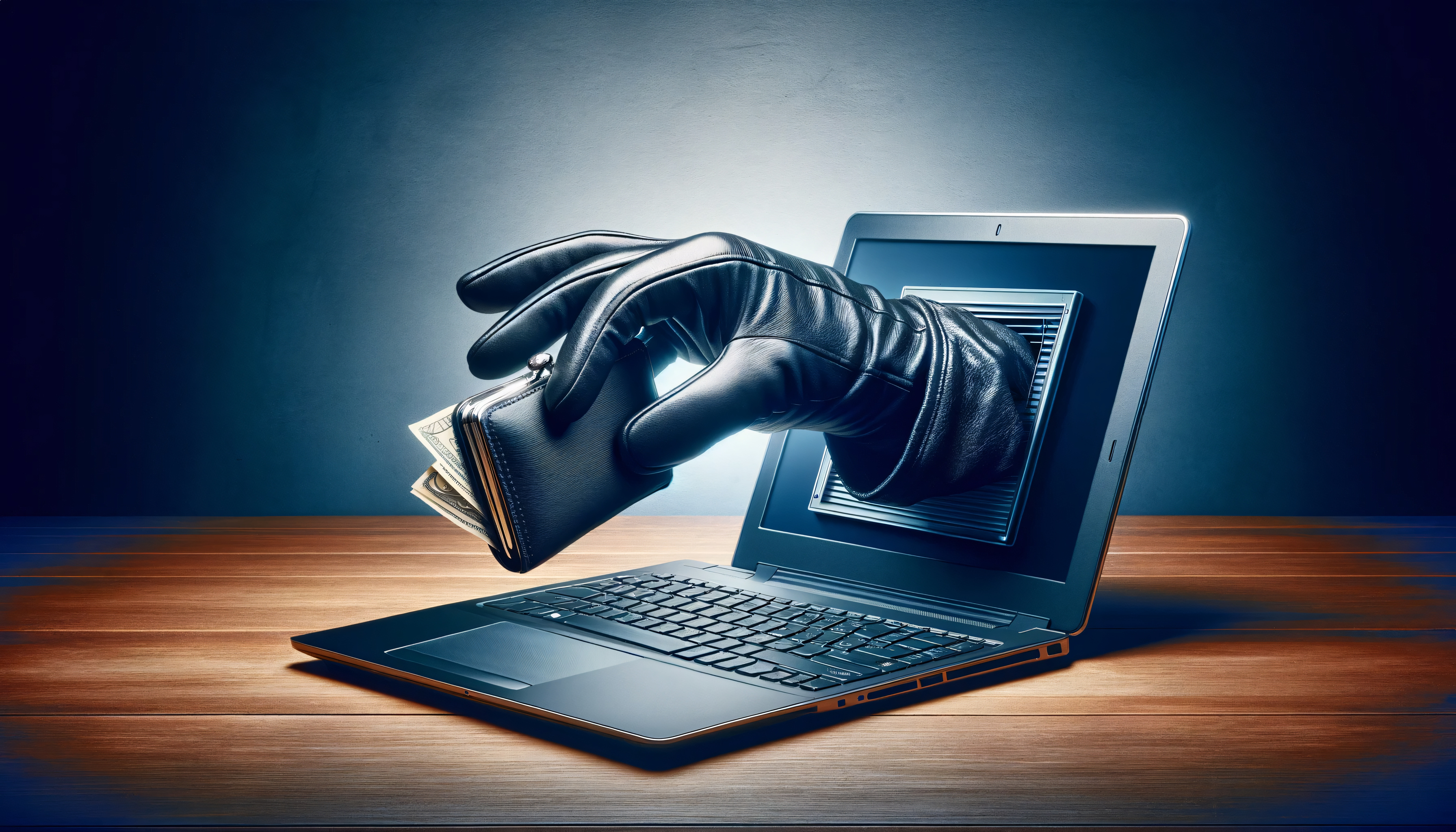 Gloved arm and hand coming out of computer screen and lifting a purse with money.