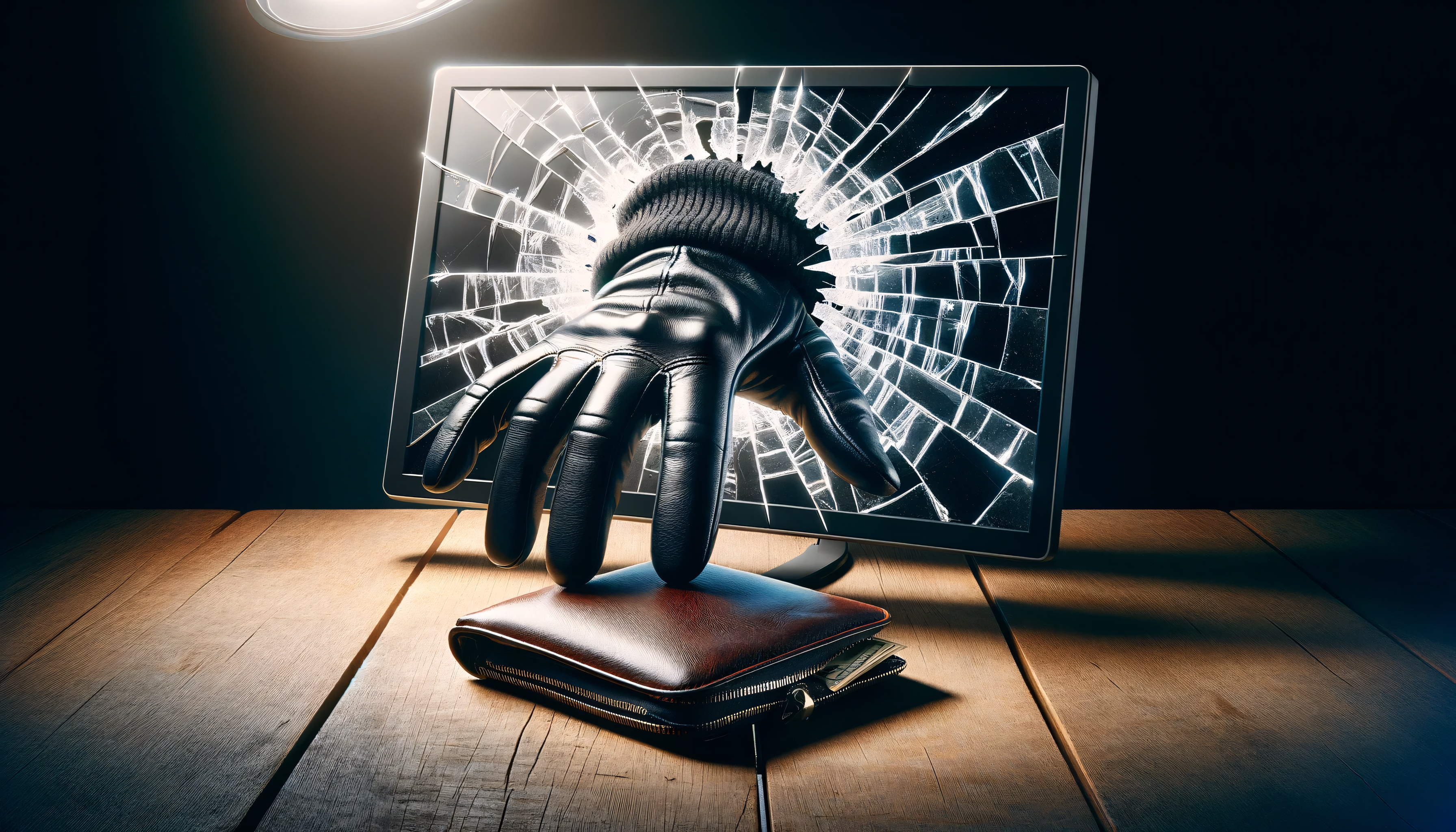 Gloved hand and arm coming out of a smashed computer screen and touching wallet.