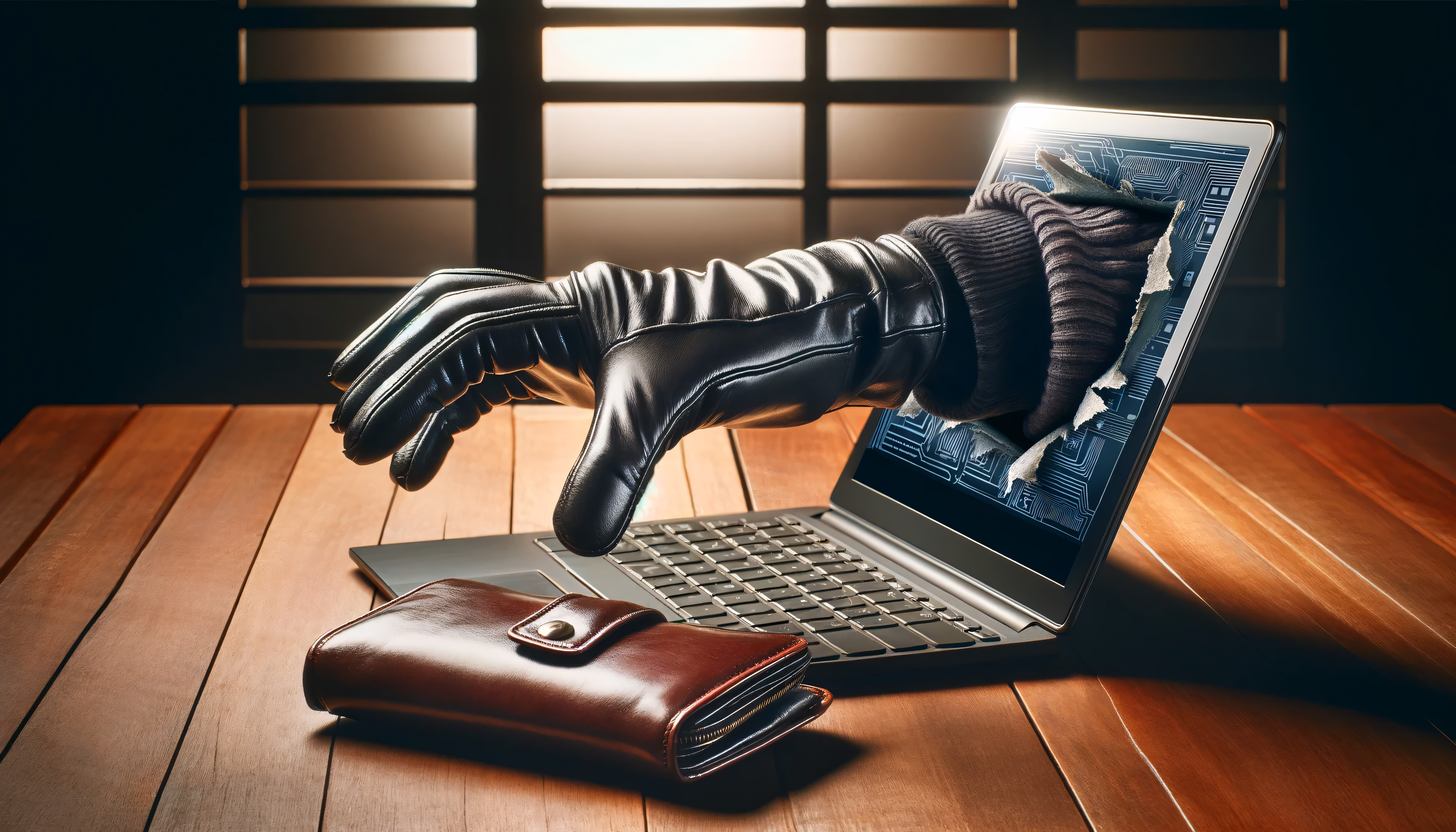 Gloved hand and arm coming out of computer screen to lift a brown coloured wallet.
